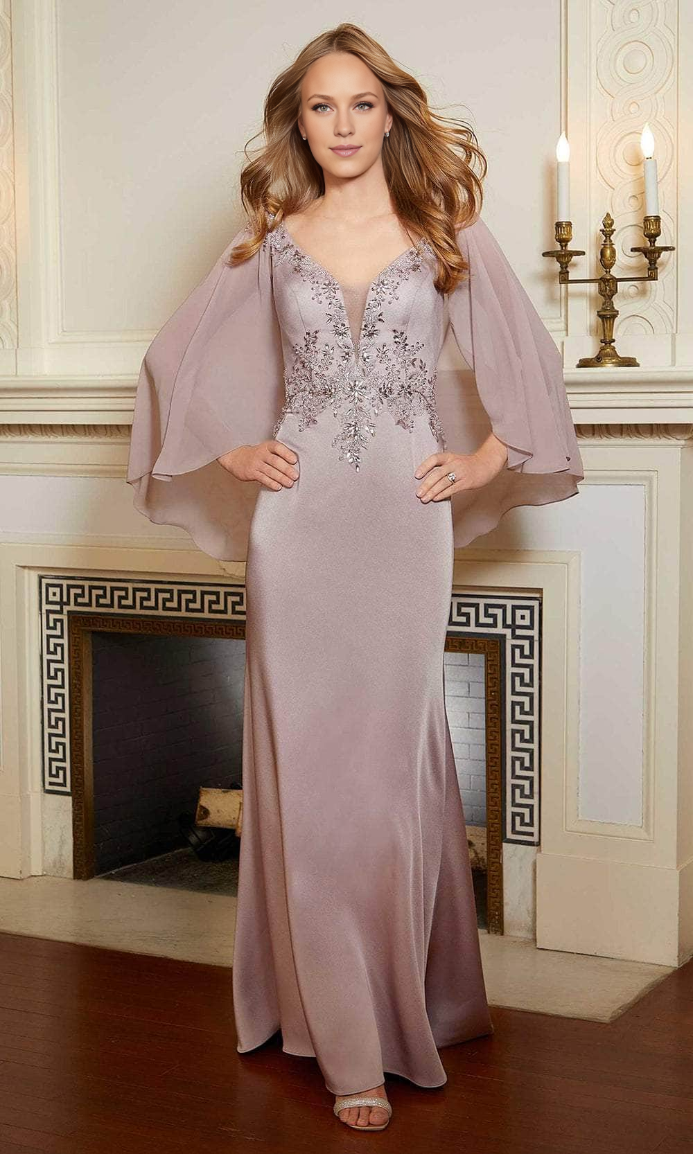 Evening Dresses For Women/ Chiffon Cape Beaded V-Neck Sleeveless Floor-length Sweep Train Mother of the Bride Dress Evening Dresses