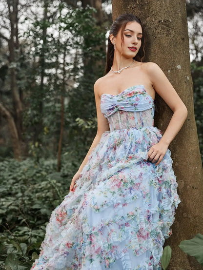 Evening Dresses For Women Ruched Bustier Ruffle Trim Hem Floral Printed Tube Dress/ Blue Evening DressNavy