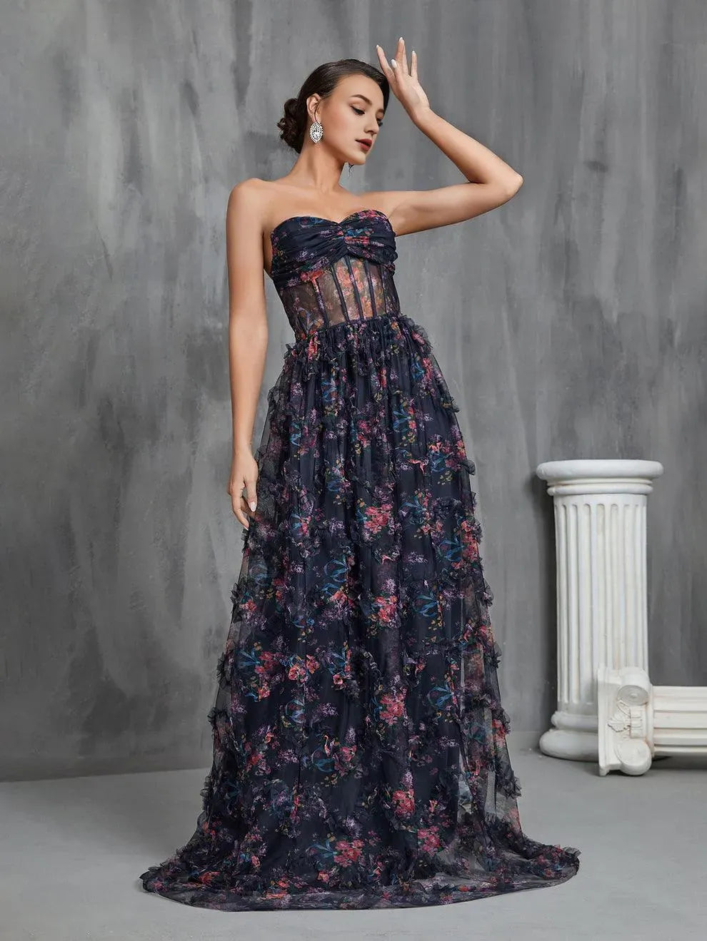 Evening Dresses For Women Ruched Bustier Ruffle Trim Hem Floral Printed Tube Dress/ Blue Evening DressNavy