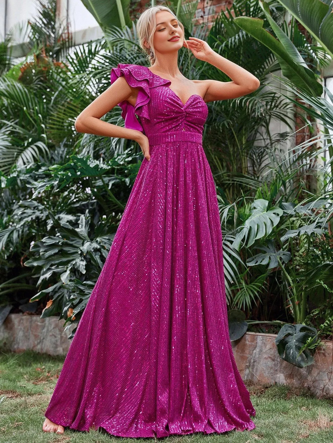 Evening Dresses For Women Ruffle Trim One Shoulder Sequin A Line Dress Evening Dress/ Elegant Long Evening Dresses