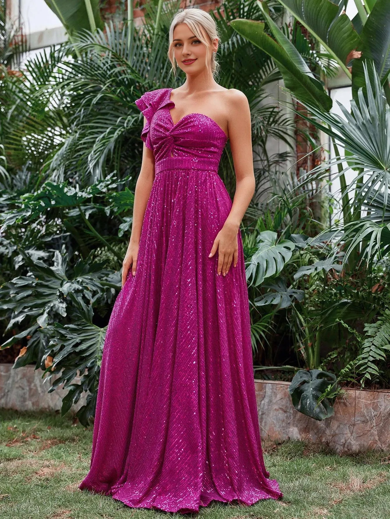 Evening Dresses For Women Ruffle Trim One Shoulder Sequin A Line Dress Evening Dress/ Elegant Long Evening Dresses