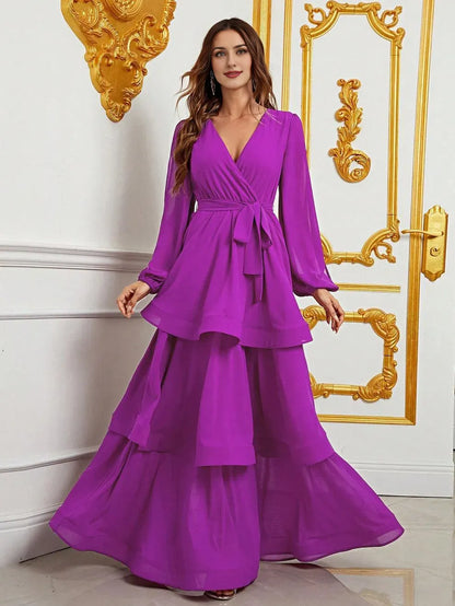 Evening Dresses For Women V Neck Cascading Ruffle Lantern Sleeves Chiffon Dresses Evening Dress/ Elegant Long Evening Dresses