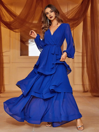 Evening Dresses For Women V Neck Cascading Ruffle Lantern Sleeves Chiffon Dresses Evening Dress/ Elegant Long Evening Dresses