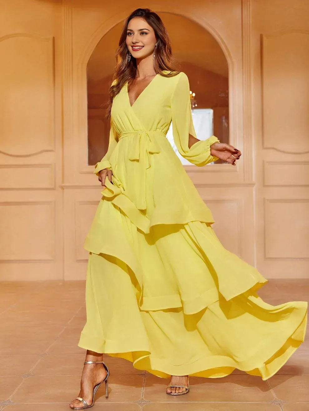 Evening Dresses For Women V Neck Cascading Ruffle Lantern Sleeves Chiffon Dresses Evening Dress/ Elegant Long Evening Dresses