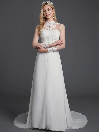 A-Line Wedding Dresses High Neck Court Train Chiffon Lace Long Sleeve Vintage Plus Size Backless with Lace Buttons