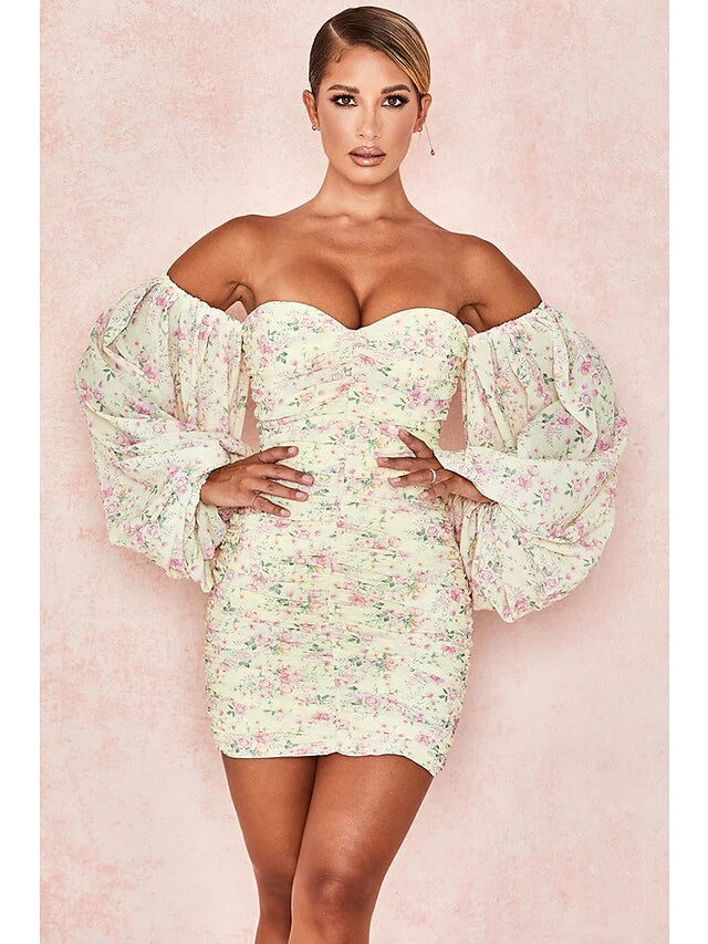 Sexy Floral Party Wear Cocktail Party Dress Off Shoulder Long Sleeve Short Mini Spandex