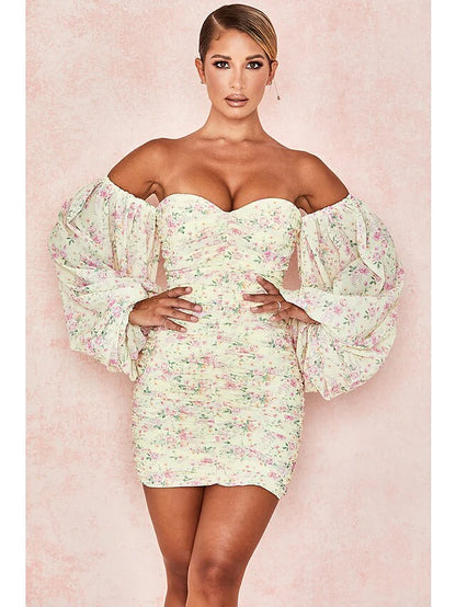 Sexy Floral Party Wear Cocktail Party Dress Off Shoulder Long Sleeve Short Mini Spandex