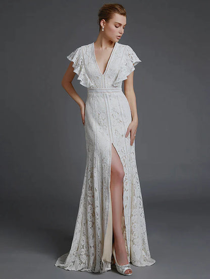 A-Line Wedding Dresses V Neck Lace Sleeveless Boho with Split Front