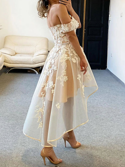 Champagne tulle off shoulder lace high low Homecoming Dresses