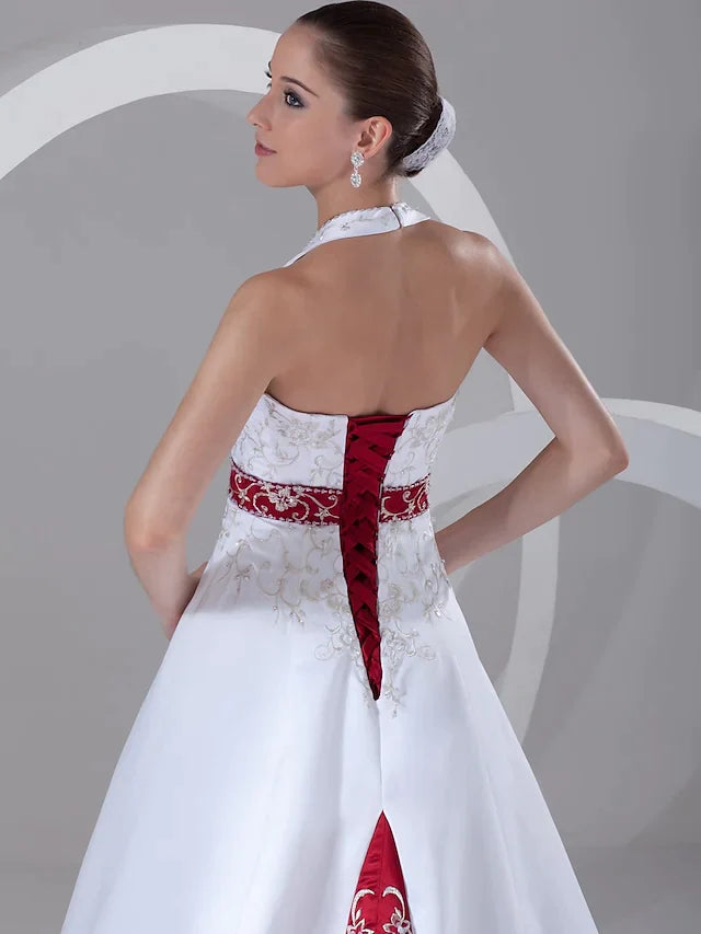 A-Line Wedding Dresses Halter Neck Chapel Train Satin Regular Straps with Sashes Ribbons Beading Embroidery