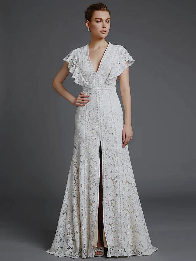 A-Line Wedding Dresses V Neck Lace Sleeveless Boho with Split Front