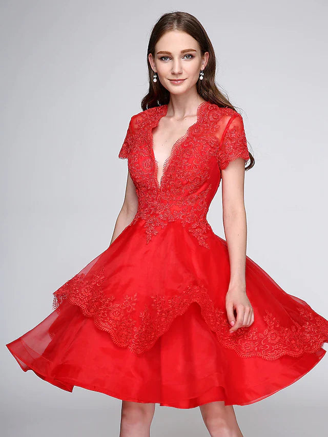 Cocktail Party Prom Dress Plunging Neck Short Sleeve Knee Length Organza Lace Over Tulle with Buttons Appliques