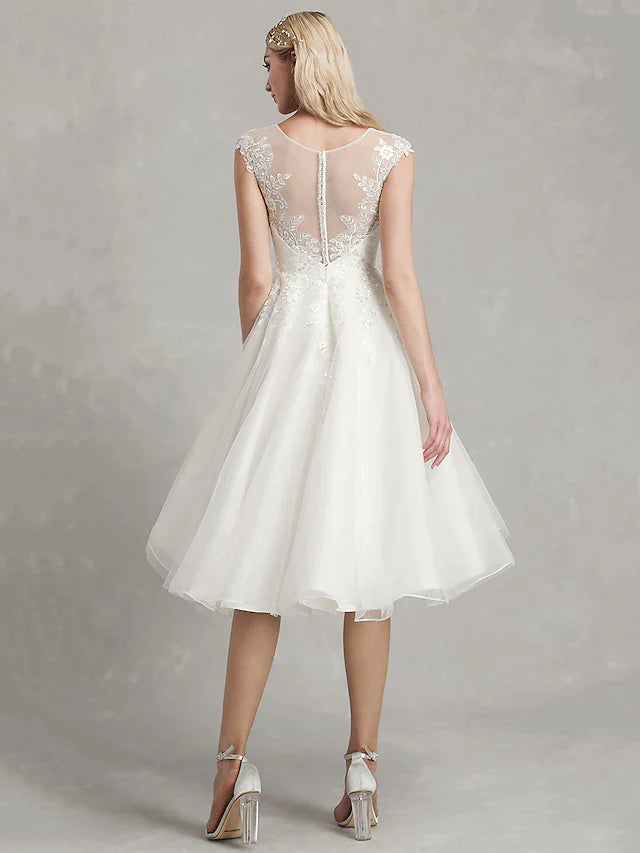 A-Line Wedding Dresses Jewel Neck Tea Length Lace Tulle Cap Sleeve Beautiful Back with Appliques