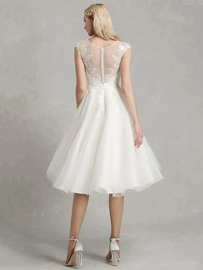 A-Line Wedding Dresses Jewel Neck Tea Length Lace Tulle Cap Sleeve Beautiful Back with Appliques