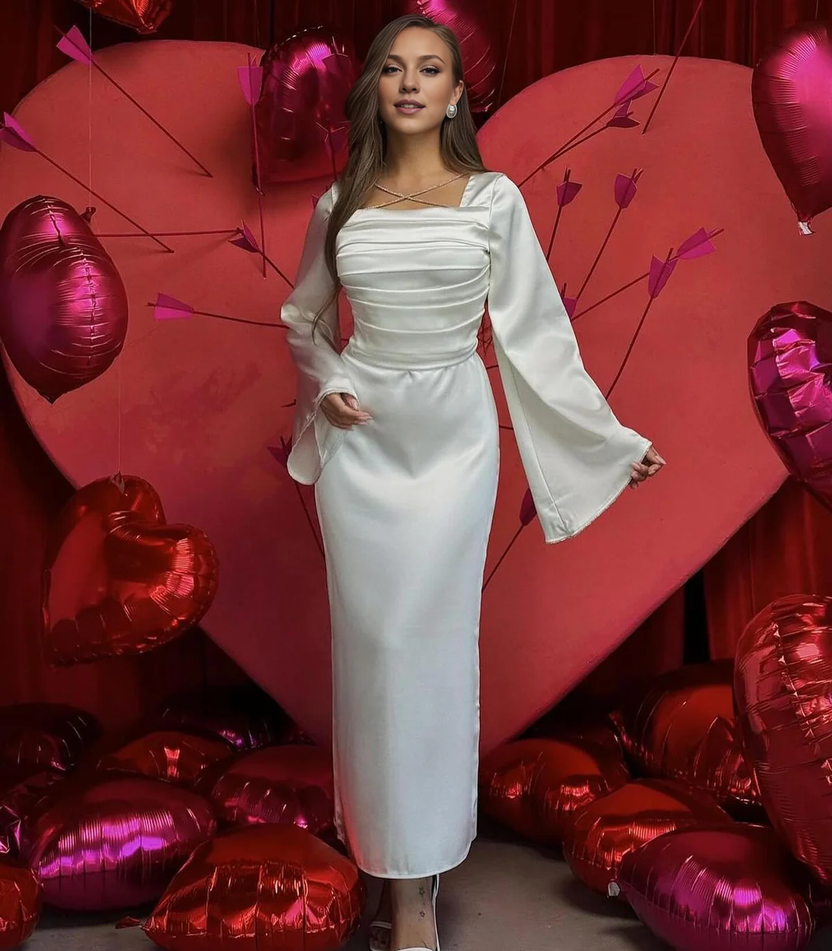 Fascinating Square Neck Evening Dress Long Sleeves Wedding Formal Party