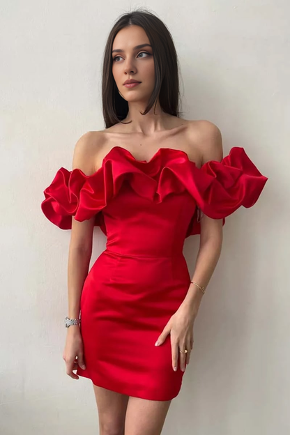 Xuewuba Formal Wear Dresses Red Fleurette Satin Ruffle Strapless Mini Cocktail Dress Prom Clothing