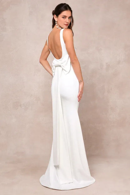 Floor Length Lace Up White Bow Square Neck Backless Wedding Dress