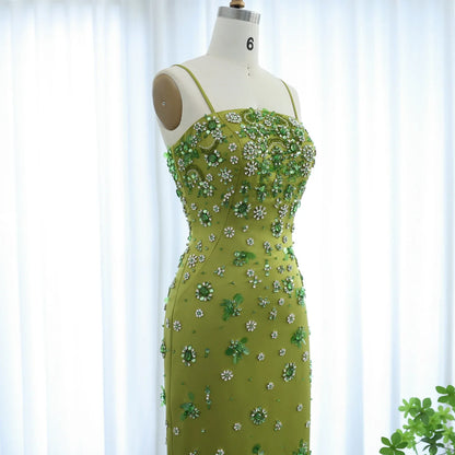 Floral Beaded Midi Dress Spaghetti Straps Evening Dress Sparkling Sleeveless Prom Dress