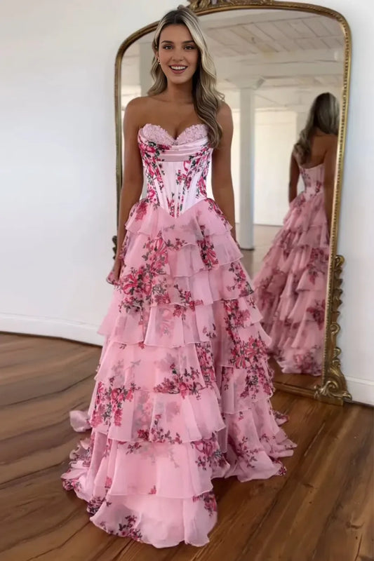 Xuewuba Formal Wear Dresses Blush Sweetheart A-Line Chiffon Floral Ruffled Long Corset Prom Dress with Slit Prom Dresses Stores ﻿