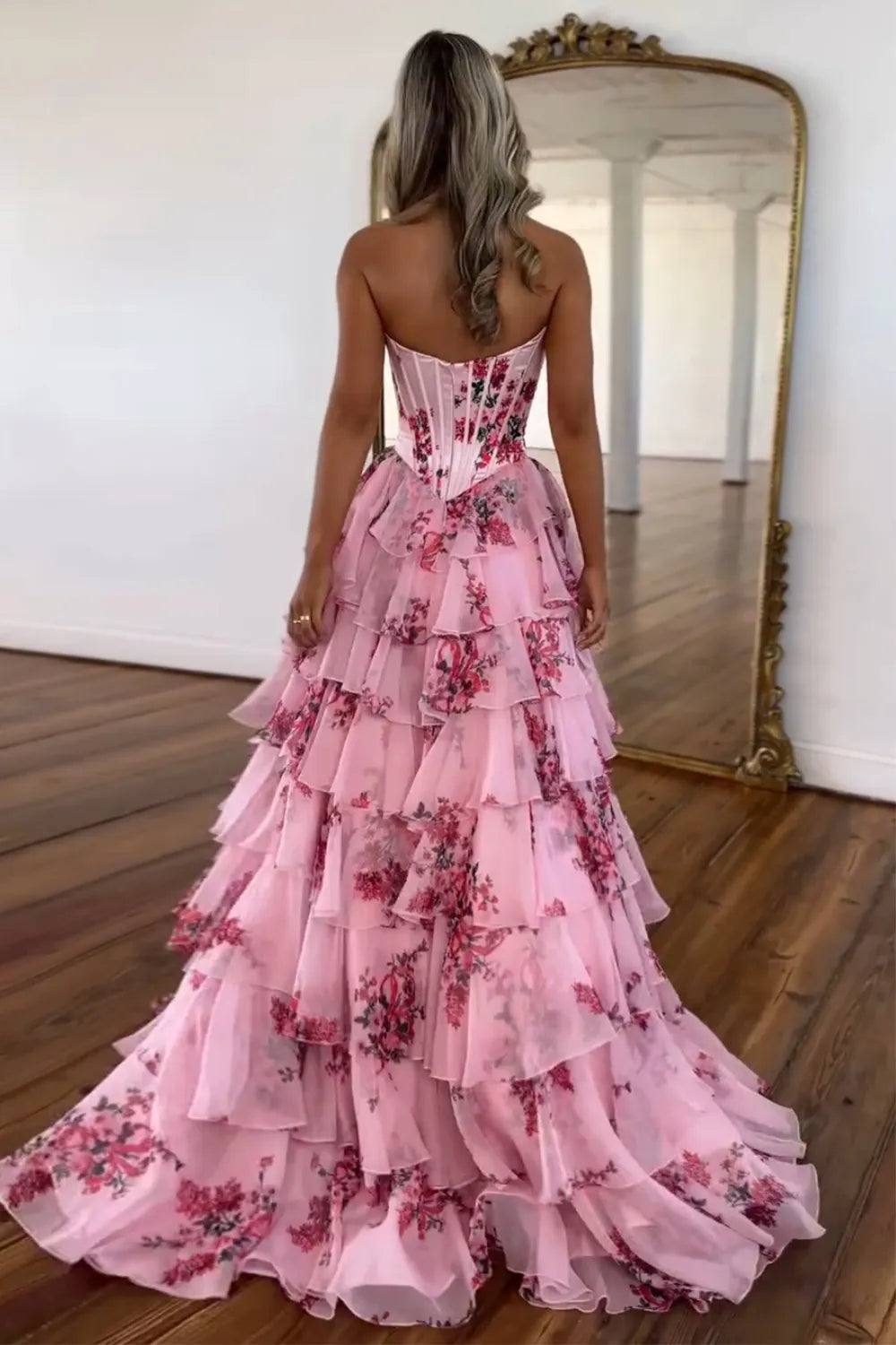 Xuewuba Formal Wear Dresses Blush Sweetheart A-Line Chiffon Floral Ruffled Long Corset Prom Dress with Slit Prom Dresses Stores ﻿