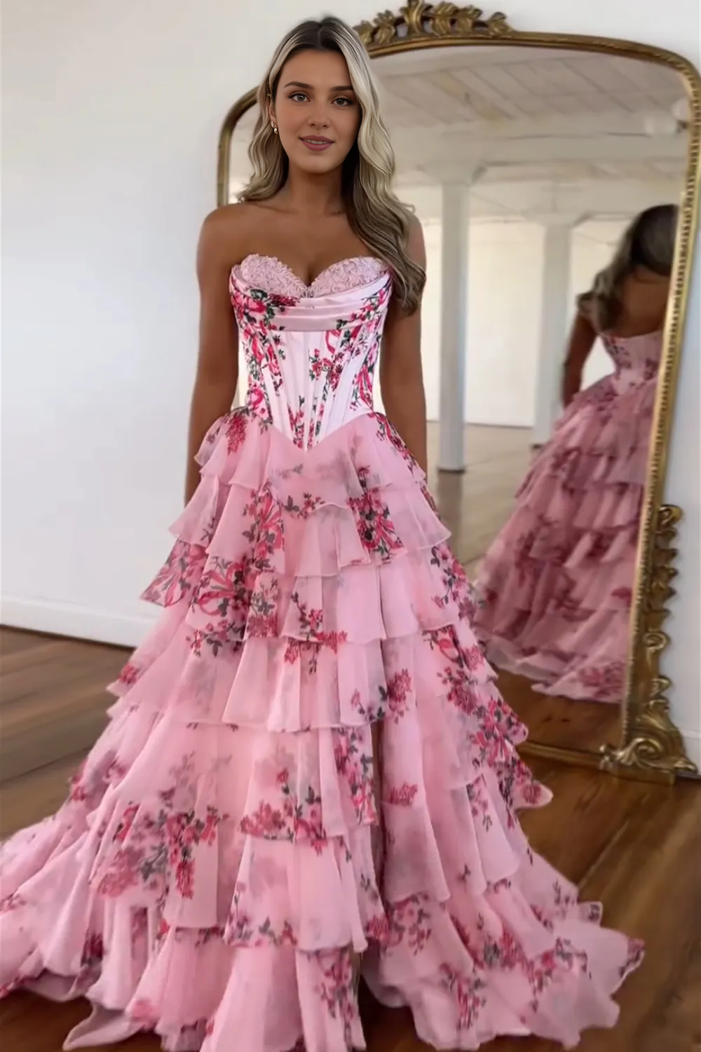 Xuewuba Formal Wear Dresses Blush Sweetheart A-Line Chiffon Floral Ruffled Long Corset Prom Dress with Slit Prom Dresses Stores ﻿