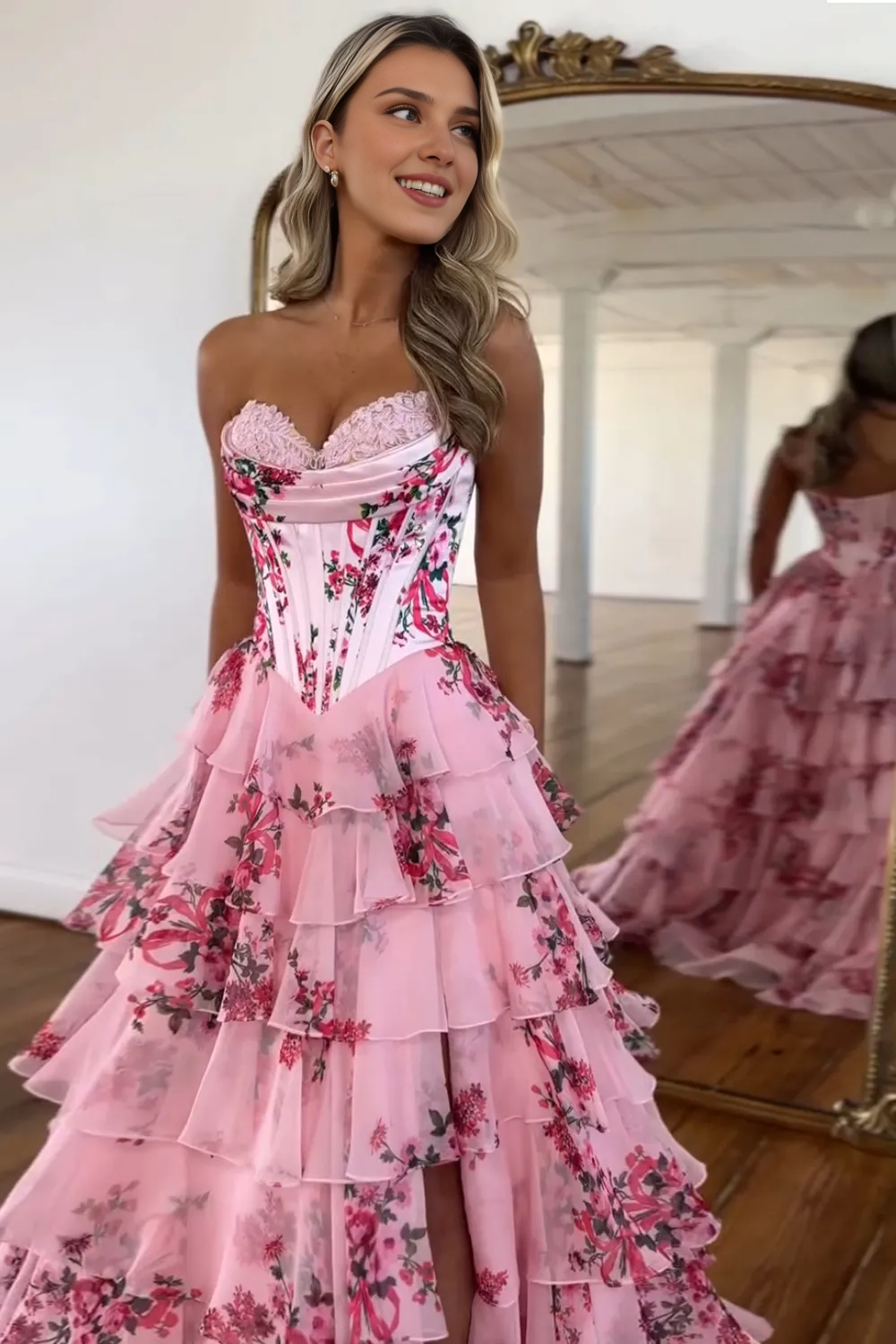 Xuewuba Formal Wear Dresses Blush Sweetheart A-Line Chiffon Floral Ruffled Long Corset Prom Dress with Slit Prom Dresses Stores ﻿