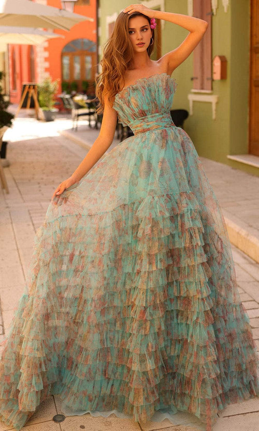 Formal Aqua/Multi Dresses Any Special Occasion A-line Straight-Across Neck Strapless Ruffle Tiered Floral Prom Dress / Formal Wear Dresses