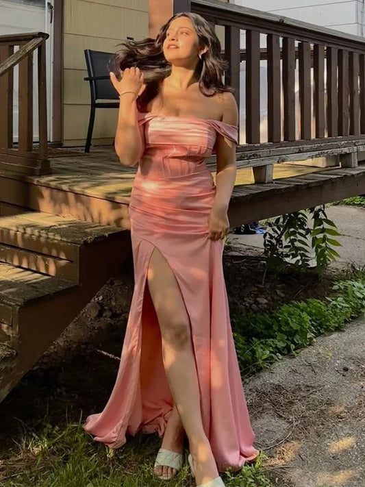 Formal Dresses Beautiful Pink Off Shoulder Sleeveless Slit Long Prom Dress Evening Dress/ Prom Dresses Store