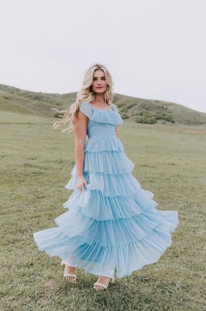 Formal Dresses Charming Fairy Dress Sky Blue Sequare Neck Tiered Tulle Evening Dress Long Prom Dress/ Prom Dresses Store