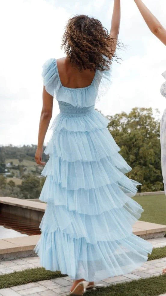 Formal Dresses Charming Fairy Dress Sky Blue Sequare Neck Tiered Tulle Evening Dress Long Prom Dress/ Prom Dresses Store