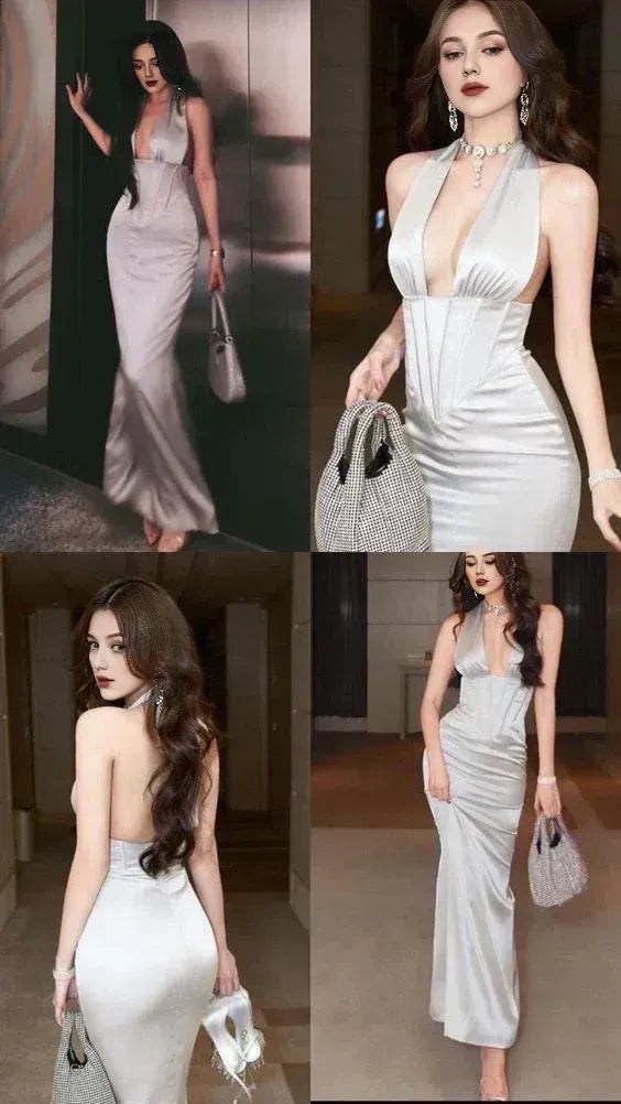 Formal Dresses Mermaid Halter Sleeveless Satin Backless Prom Dress Evening Gown/ Prom Dresses Store