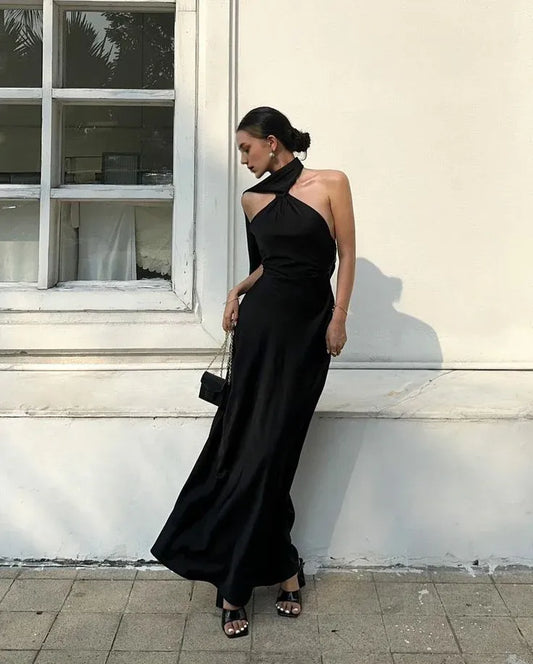 Formal Dresses Off-the-Shoulder Black Halter Backless Sexy Satin Prom Dress/ Prom Dresses Store