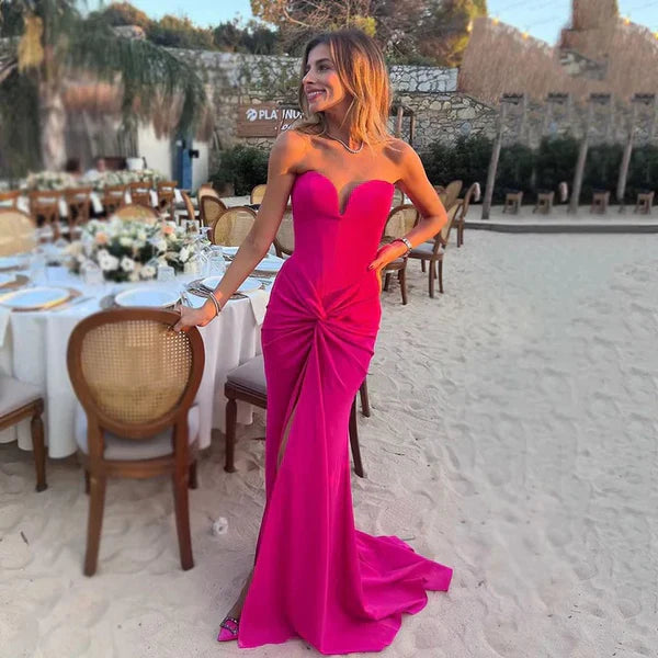 Formal Dresses Sexy Hot Pink Mermaid Slit Pleated Long Party Prom Dress Evening Dress/ Prom Dresses Store