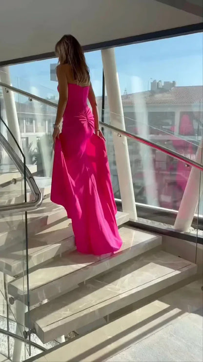 Formal Dresses Sexy Hot Pink Mermaid Slit Pleated Long Party Prom Dress Evening Dress/ Prom Dresses Store