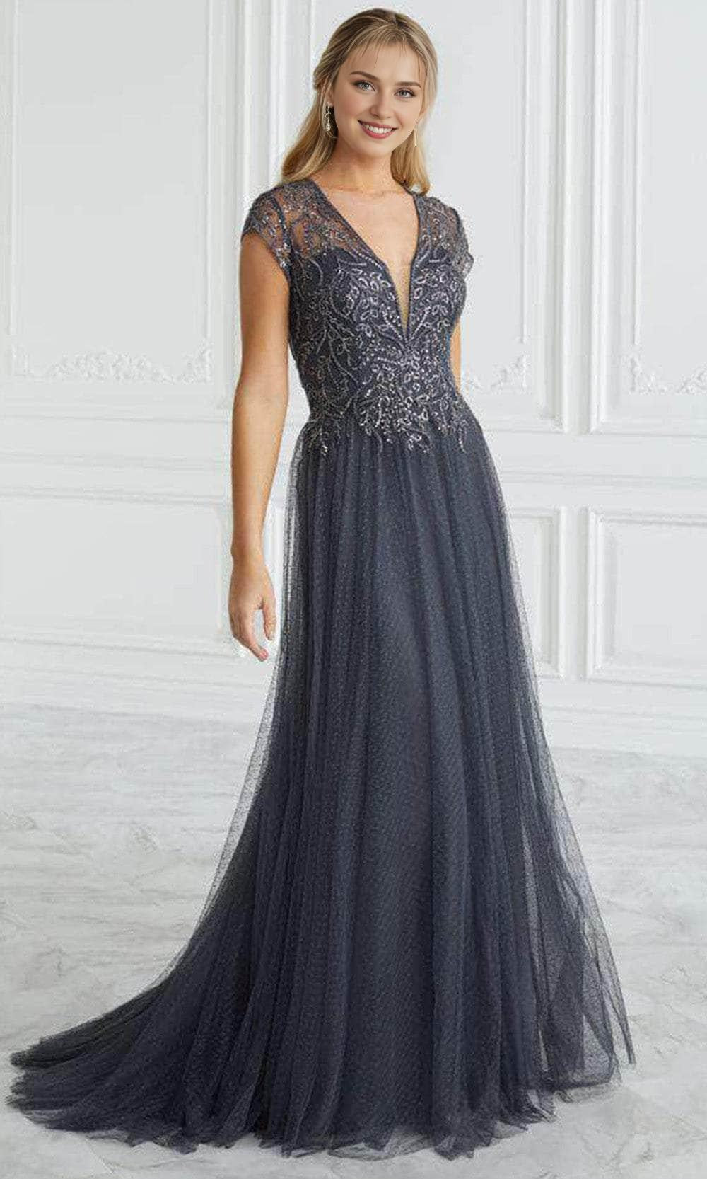 Formal Charcoal Dresses Any Special Occasion A-line Sheer Short Sleeve Evening Gown Floor-Length Mother of the Bride Dress / Formal Wear Dresses