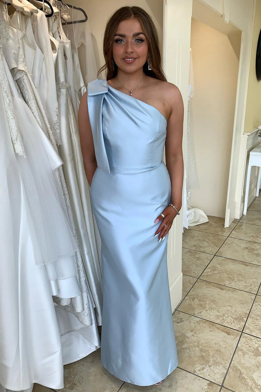 Formal Wear Dresses Bow One Shoulder Light Blue Satin Long Bridesmaid Dress  Prom Dress In Store