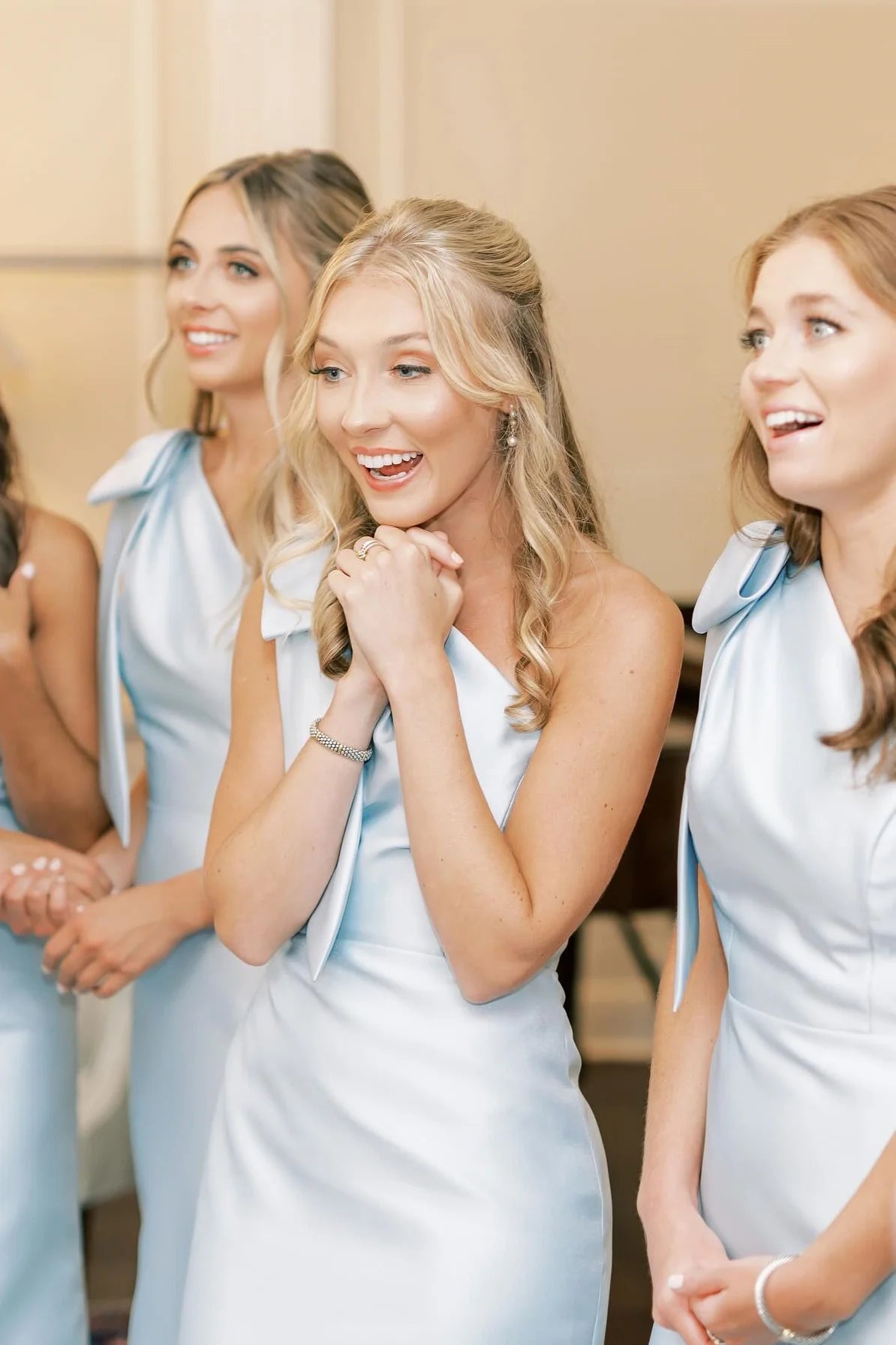 Formal Wear Dresses Bow One Shoulder Light Blue Satin Long Bridesmaid Dress  Prom Dress In Store