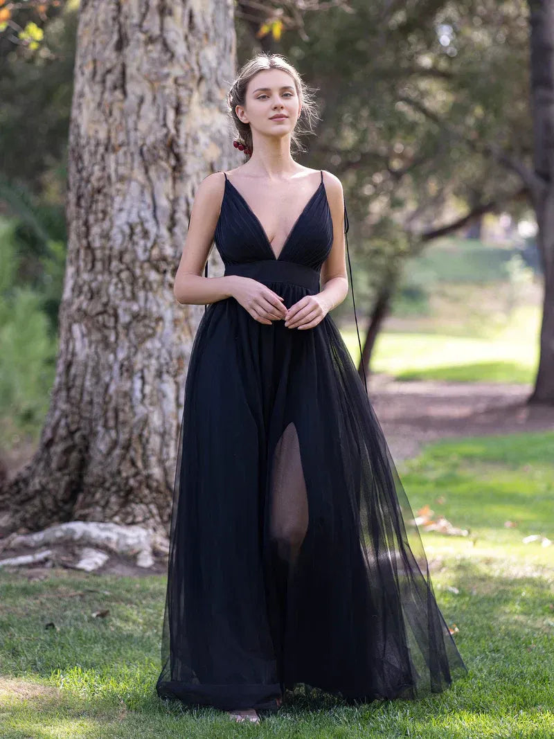 Formal Wear Dresses Deep V-neck Tulle Sweep Train Prom Dress / Prom Dress Shop