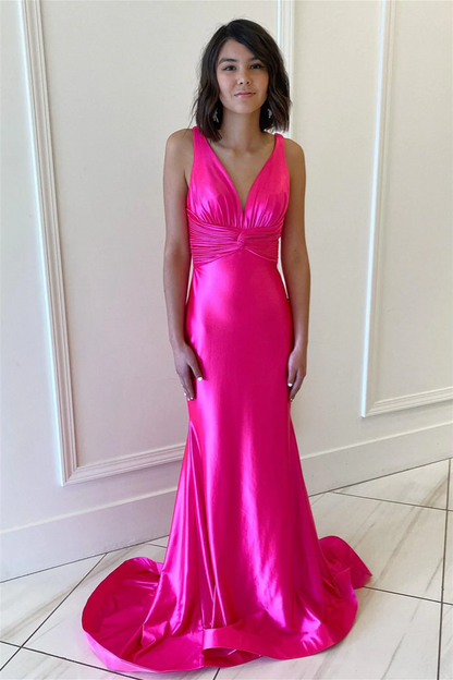 Formal Wear Dresses/Fuchsia Mermaid Plunging V Neck Satin Mermaid Long Prom Dress