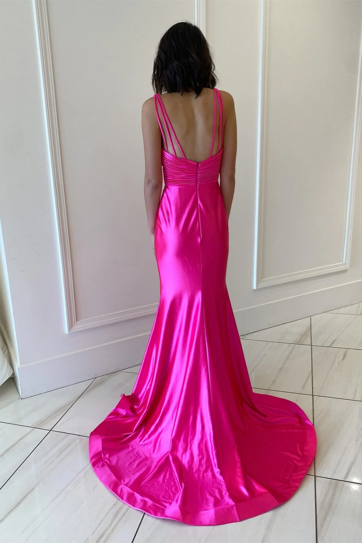 Formal Wear Dresses/Fuchsia Mermaid Plunging V Neck Satin Mermaid Long Prom Dress