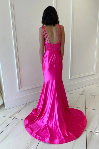 Formal Wear Dresses/Fuchsia Mermaid Plunging V Neck Satin Mermaid Long Prom Dress