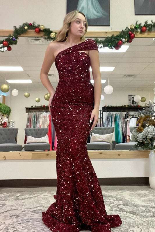 Formal Wear Dresses One Shoulder Burgundy Sequin Mermaid Long Evening Dress Prom Dress Stores With Prom Dresses