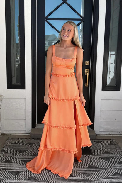 Formal Wear Dresses Orange Corset Tiered Long Party Dresss With Side Slit Bridesmaid Dress  Prom Dress In Store