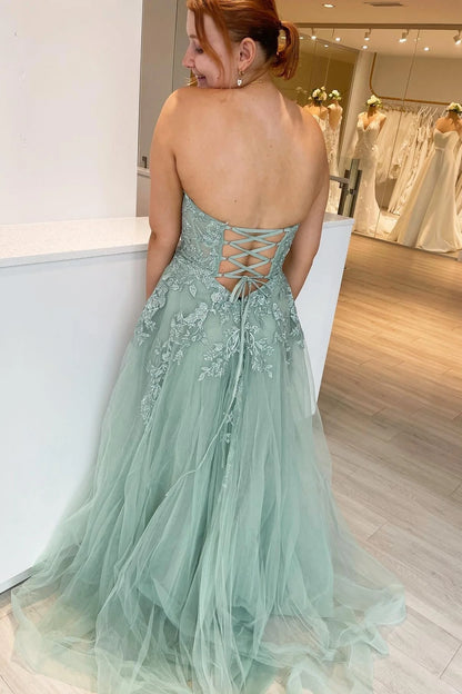 Formal Wear Dresses Princess Green Appliques A-line Sweetheart Tulle Long Prom Dress Stores With Prom Dresses