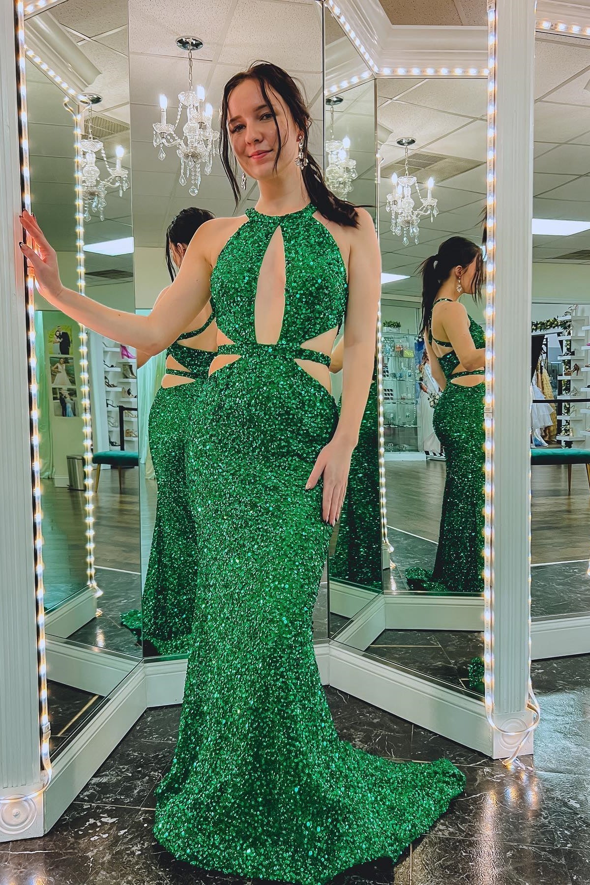 Formal Wear Dresses Sexy Green Sequin Halter Mermaid Long Formal Dress Prom Dress Stores With Prom Dresses