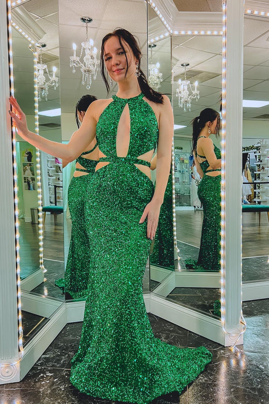 Formal Wear Dresses Sexy Green Sequin Halter Mermaid Long Formal Dress Prom Dress Stores With Prom Dresses