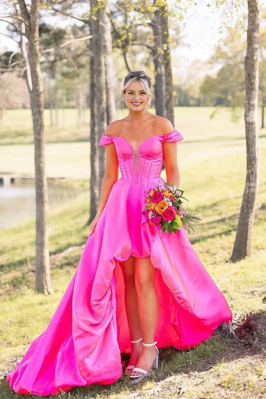 Formal Women's Dresses A-line Off the Shoulder Hot Pink High Low Party Dress Prom Dress Prom Dress In Store