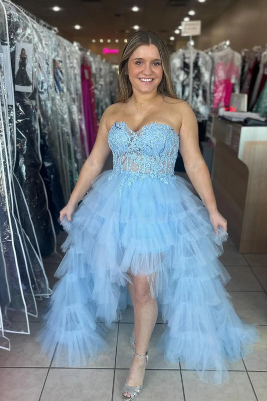 Formal Women's Dresses A-line Sweetheart Light Blue High Low Tulle Ruffles Dress Prom Dress Prom Dress In Store