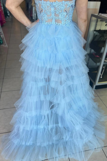 Formal Women's Dresses A-line Sweetheart Light Blue High Low Tulle Ruffles Dress Prom Dress Prom Dress In Store