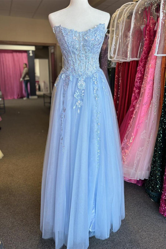 Formal Women's Dresses A-line Tulle Strapless Light Blue Appliques Long Dress Prom Dress Prom Dress In Store